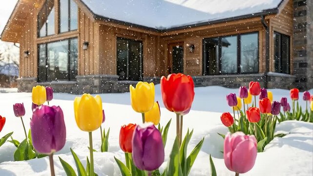 Brightly colored tulips bloom through fresh white snow in front of a wooden house with large panoramic windows, vibrant early spring garden scene, floral awakening and seasonal renewal.