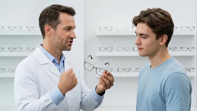 Young male optician in white coat presents classic eyeglass frames to teenager client in modern optical shop, vision consultation and eyewear selection in bright store interior.