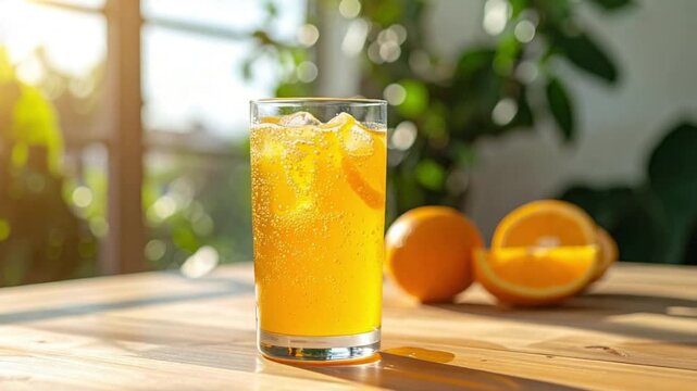 Refreshing orange drink with ice and citrus slices on a sunny wooden table