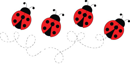 Cartoon Ladybug Flight Vector Set  Cute Bugs with Dotted Routes