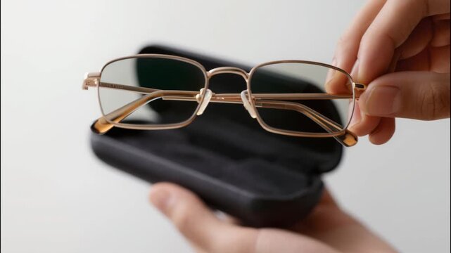 Close up on hands removing gold-rimmed glasses from a sleek black leather case, premium eyewear accessory symbolizing style, optical product focus, personal vision and modern lifestyle.