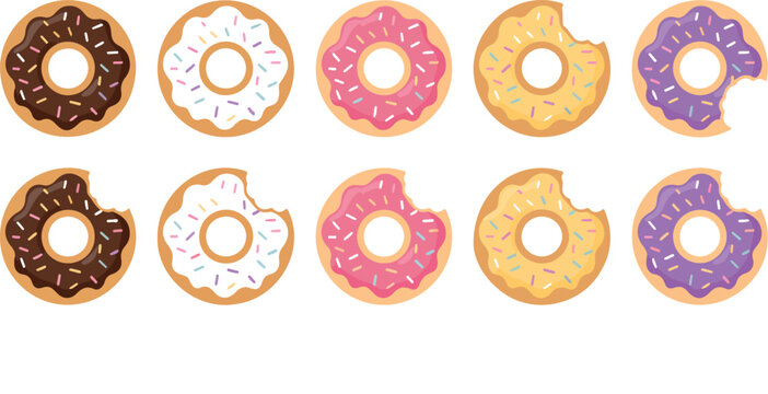 Colorful Donut Vector Set Whole and Bite Glazed Sweet Treats