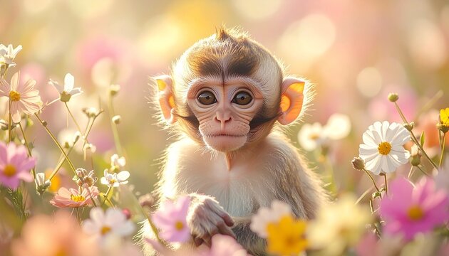 Baby-Affe im hellen Bl&uuml;tenmeer