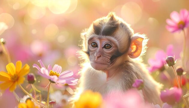 Baby-Affe im hellen Bl&uuml;tenmeer