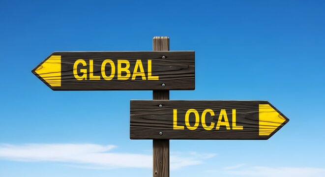 Global versus Local Directional Signpost Against Blue Sky.