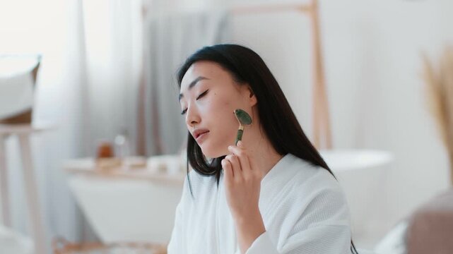 Anti edema morning procedures. Young attractive asian woman making self massage with natural stone massager, sitting at bathroom at home, slow motion