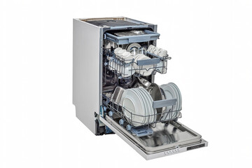 Open Dishwasher With Dishes Isolated
