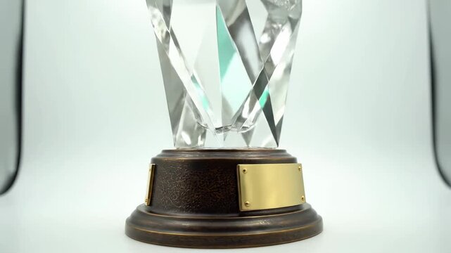 Prestigious Crystal Trophy with a blank golden plate on a white background, perfect for achievement recognition or corporate awards.