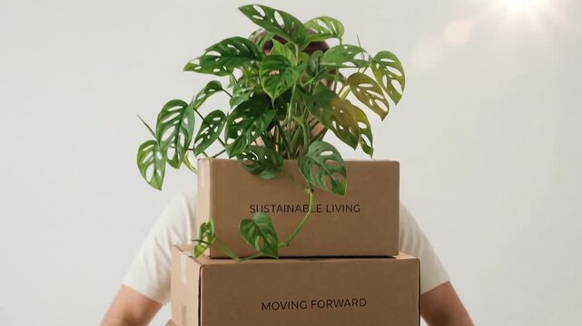 Man Balance Moving Boxes and a Potted Plant on Head Showing Sustainable Living