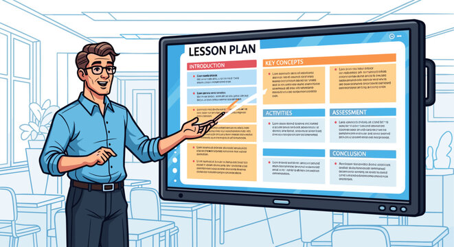 Teacher Presenting Lesson Plan on Screen.