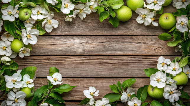 wooden background covered with white and green apple blossoms