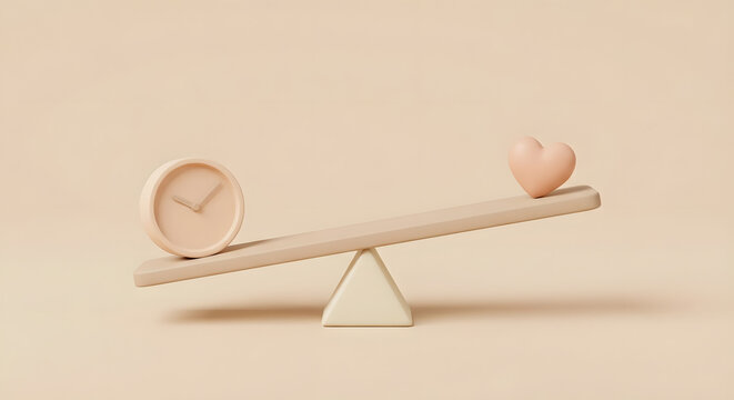 work life balance concept with 3d clock and heart on wooden seesaw scale for time management and mental health wellness priority on neutral beige background
