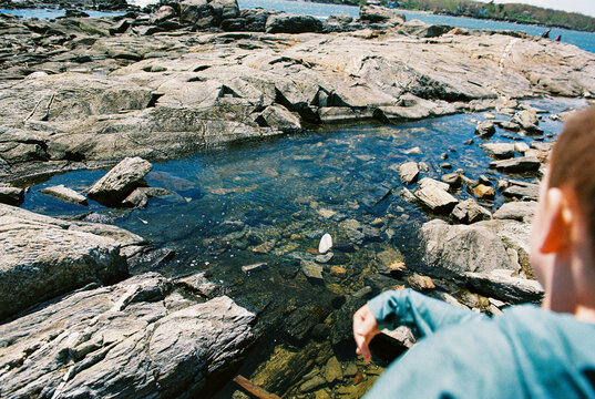 Child throws rock into tidal pool