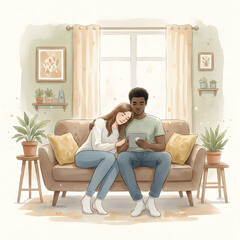 Obraz premium Couple Relaxing on a Sofa with a Tablet