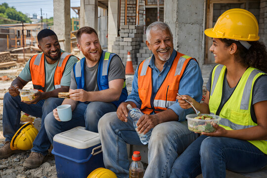 Construction Workers Laughing During Lunch Break