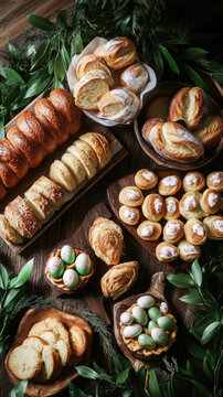A rustic buffet laden with artisanal breads, pastries, and festive Easter egg tarts, enhanced by lush greenery accents.