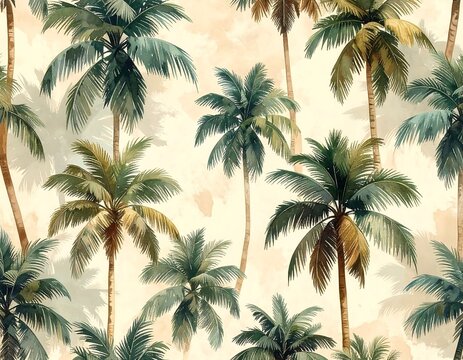 Watercolor tropical palm trees repeating pattern, featuring textured foliage and soft backgrounds
