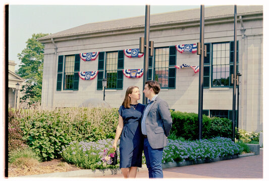 Film image of a couple getting married in city hall