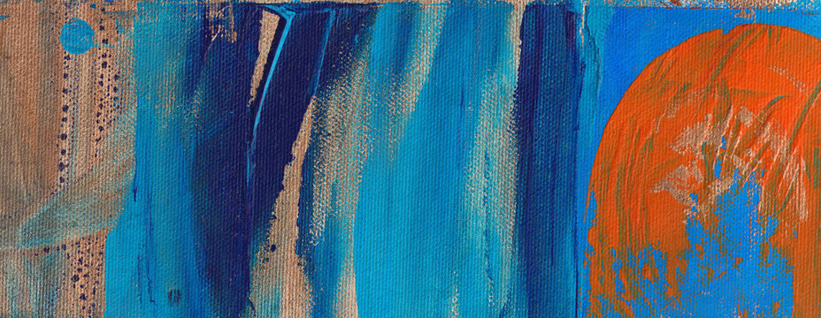 Wide Format Banner of Textured Paint on Canvas with Orange and Blues