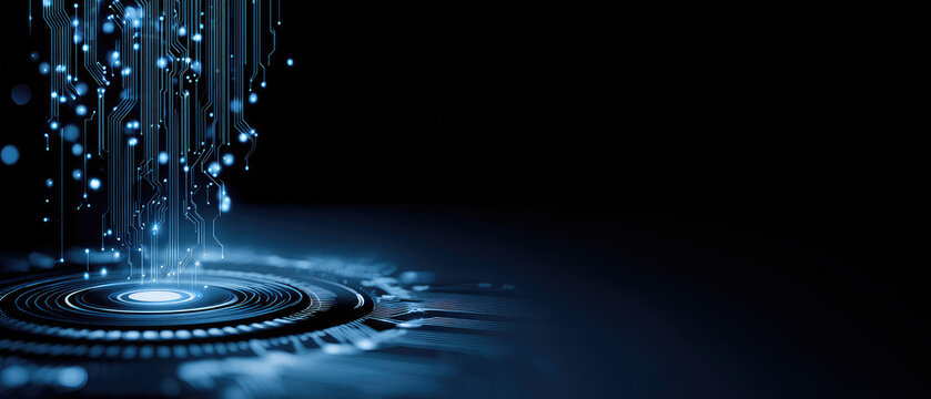 Digital voting security system concept with glowing circuit lines futuristic technology background, abstract blue light, innovation, and cyber protection for online election process