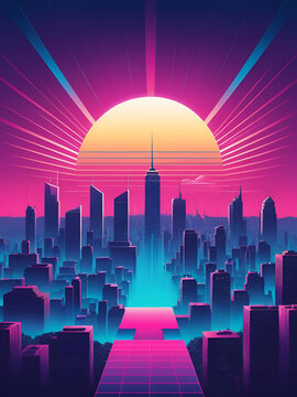 nostalgic 80s cityscape, fuchsia geometric plane, cerulean light burst, twilight atmosphere, synthpop album cover style, computer graphics