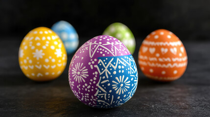 Fototapeta premium Colorful Easter Eggs with Intricate Patterns on a Dark Surface