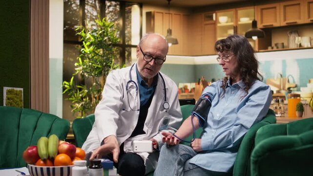 Professional medic, blood pressure monitor, heartbeat and pulse, doctor doing routine checkup for vital signs monitoring during in-home services for assisted living. Disease prevention, BP monitor.