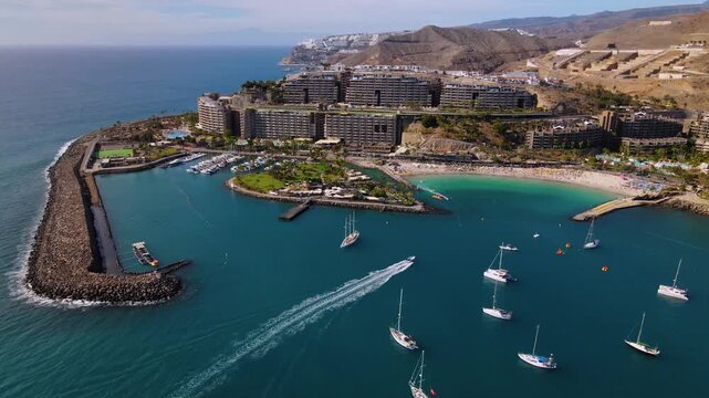 Aerial view of the famous Anfi del Mar resort and beach in Gran Canaria