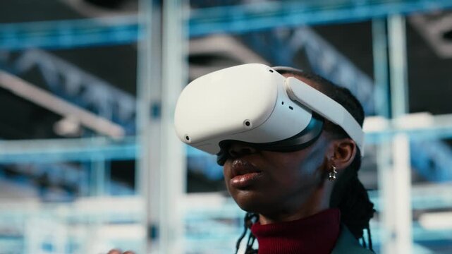 Optimizing gear rigs, VR glasses and female engineer in data center. Pinch zoom hand gesturing, virtual reality and African american woman in server room upgrading hardware mainframes, camera B