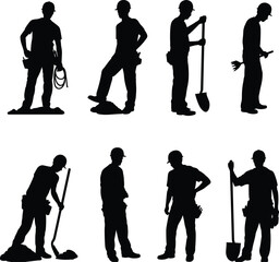 Construction Worker Silhouette Icons Set Featuring Rope, Shovel, Broom, and Mop Tasks for Occupational and Manual Labor Design