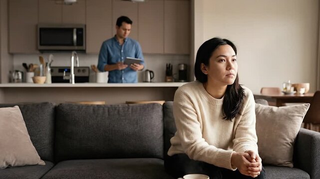 Upset Woman Sits on Couch While Man Works in Kitchen, Couple Experiences Relationship Issues