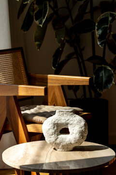 Modern living area with minimalist handmade ceramic sculpture