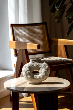 Modern minimalistic interior, unique handmade vase and wooden details