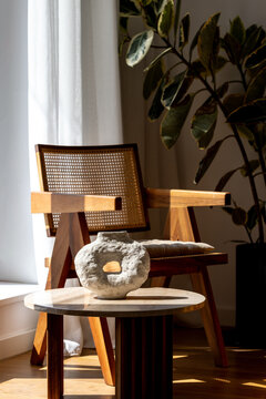Modern interior with wooden chair and a table with a decorative vase