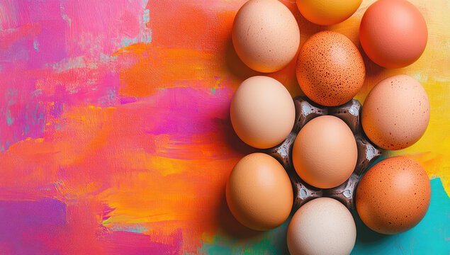 top view eggs ester colorful painted background