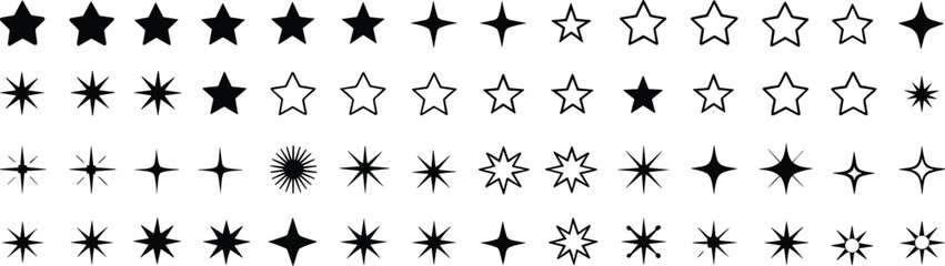 Obraz premium Star icons collection with solid, outline and sparkle shapes, rating symbols and decorative starburst vector set