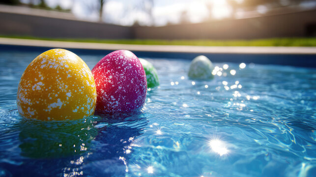 Colorful Easter eggs on sunlit pool edge with sparkling water