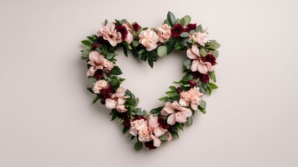 pink and red floral heart wreath, botanical arrangement, commercial floral photography, soft natural lighting