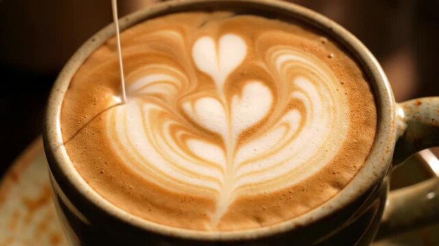 Coffee latte art with milk being poured into a cup creating beautiful heart design on the surface of the beverage.