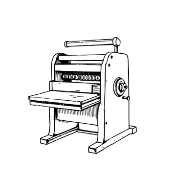 Vintage ink sketch of antique manual printing press in fine hatching, showcasing mechanical history on white background with classic black line work