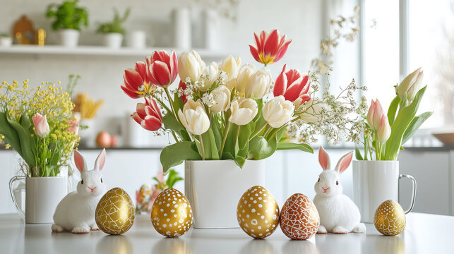 07231249 545. Modern Easter table arrangement featuring tulips, golden-patterned eggs, and playful Easter bunnies, set against a sleek white Scandinavian kitchen backdrop, ideal for a festive