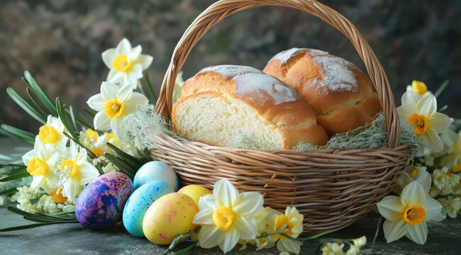 Easter bread and dyed eggs in a wicker basket accompanied by fresh daffodils and blossoms.