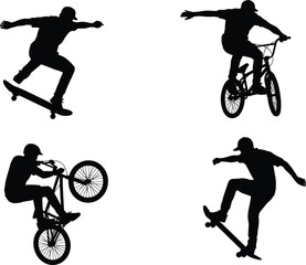 Extreme sports silhouettes, skateboard tricks, BMX stunts, dynamic motion, freestyle athletes, vector illustration, black and white, adrenaline action design © Rekha