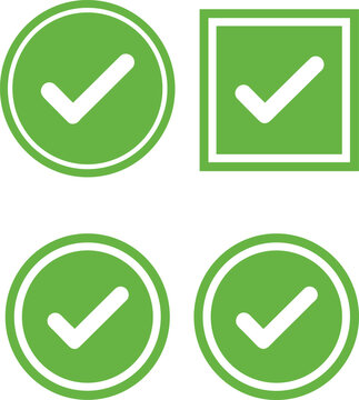 Check mark icon illustration set, four green vector designs in circle and square shapes, approval correctness completion symbol for interface