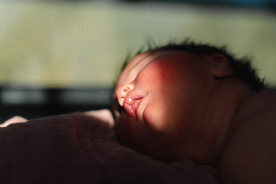 Close-up of newborn baby sleeping in sunlight