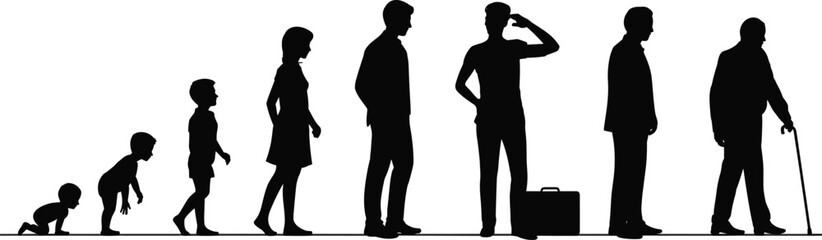 Fototapeta premium Human life stages silhouettes from crawling baby to senior couple, male and female aging progression and generational concept