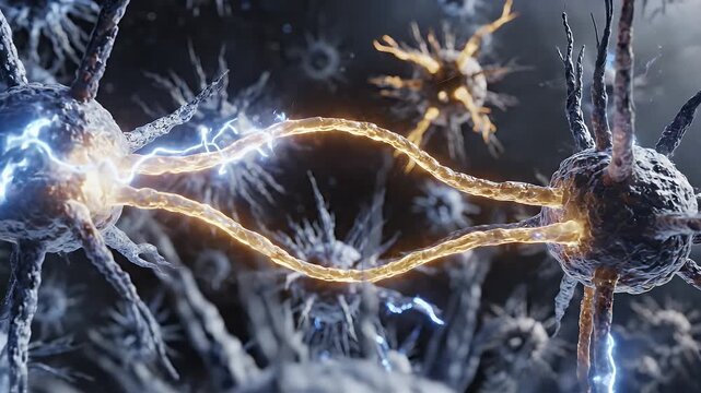 Close Up 3D Render of Neurons Firing Electrical Impulses in Dark Blue Tones with Blinding Blue Lightning
