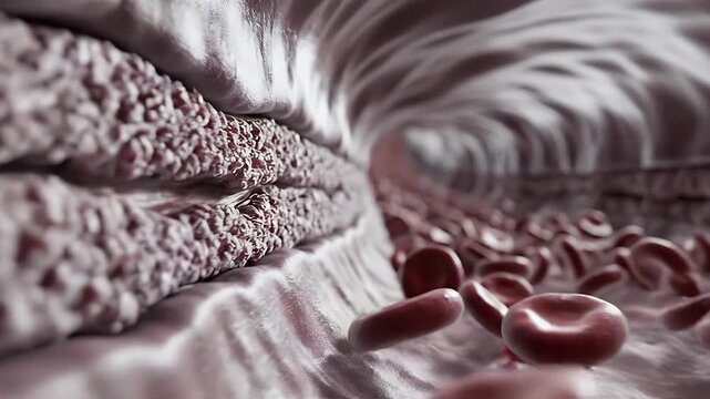 Close up animated view of Red Blood Cells flowing through a diseased artery showing plaque buildup on the vessel wall