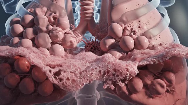 Close up animation of a pathological pulmonary alveoli cluster with cellular debris and microparticles surrounded by bronchioles and vascular