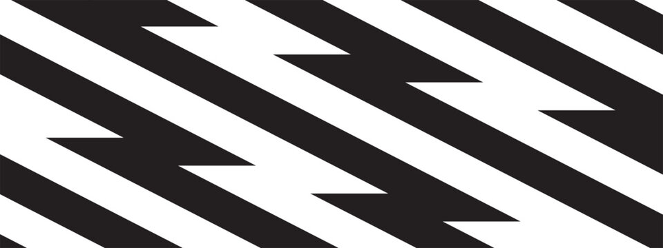 Repeating black and white zigzag lines wallpaper. Thunder bolt background. Electricity, flash light, jagged stripes pattern. Shock, speed or surprise anime cartoon print. Vector graphic illustration
